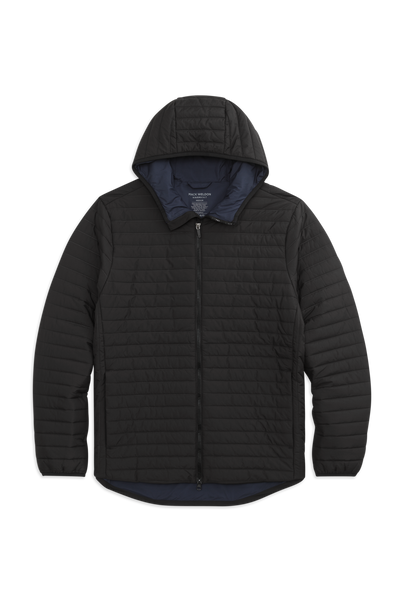 Front view of WARMKNIT AIR Hooded Jacket in True Black / Total Eclipse