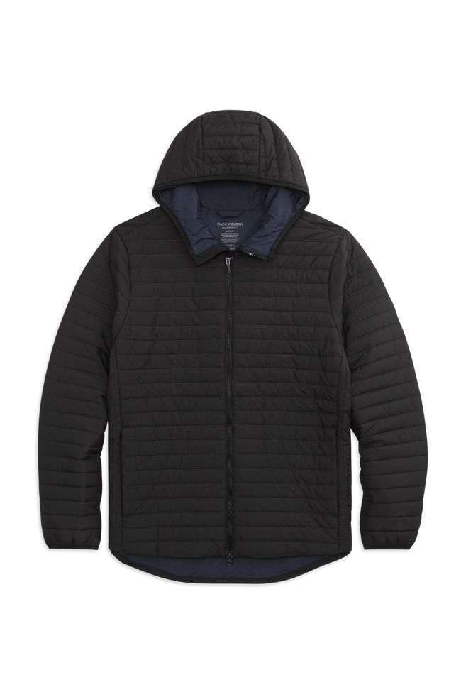 Front view of WARMKNIT AIR Hooded Jacket in True Black / Total Eclipse
