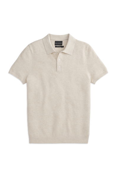 Front view of a Tech Linen Button Up Sweater Polo in the color Latte Heather