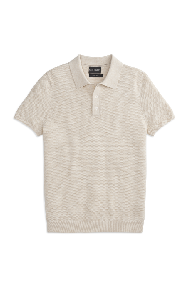 Front view of a Tech Linen Button Up Sweater Polo in the color Latte Heather