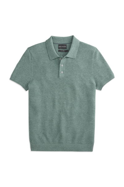 Front view of a Tech Linen Button Up Sweater Polo in the color Minted Heather
