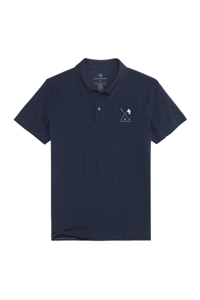 Front view of Mack Weldon x Shane Bacon Logo Polo in True Navy