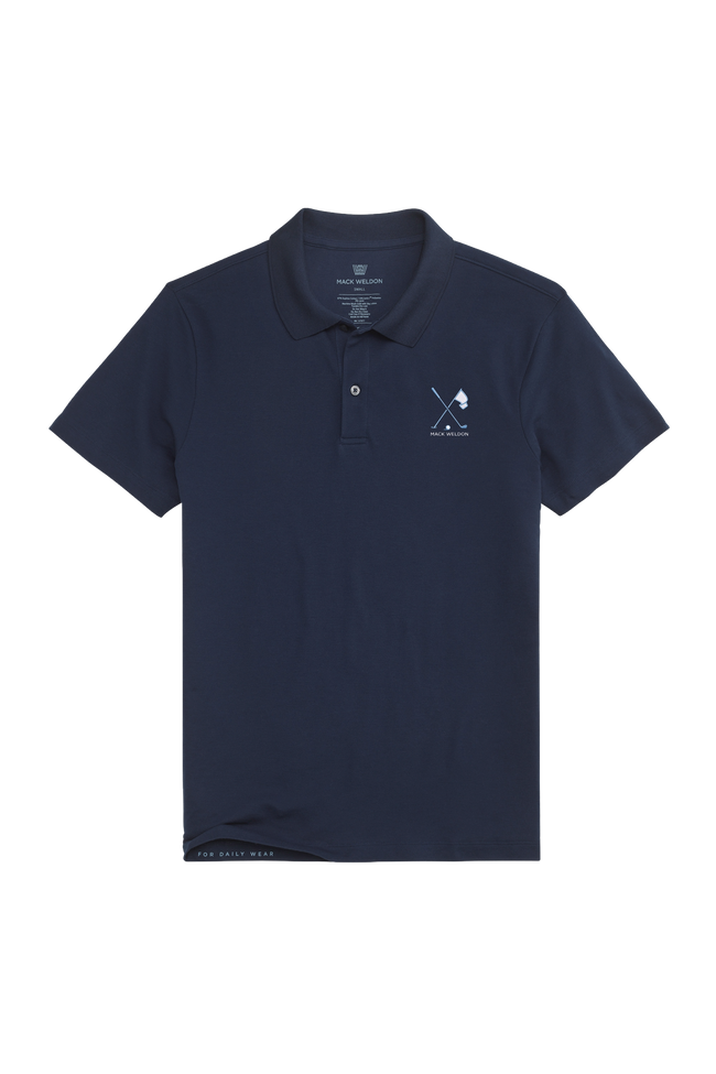 Front view of Mack Weldon x Shane Bacon Logo Polo in True Navy