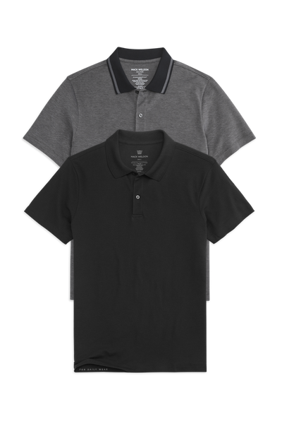 Front view of 2-Pack SILVER Pique Polo in True Black / True Black Oxford Tipped