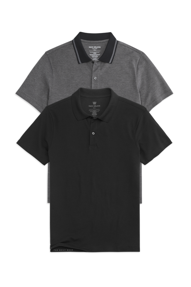 Front view of 2-Pack SILVER Pique Polo in True Black / True Black Oxford Tipped