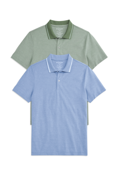 Front view of 2-Pack SILVER Pique Polo in Chambray Oxford Tipped / Wild Ivy Oxford Tipped
