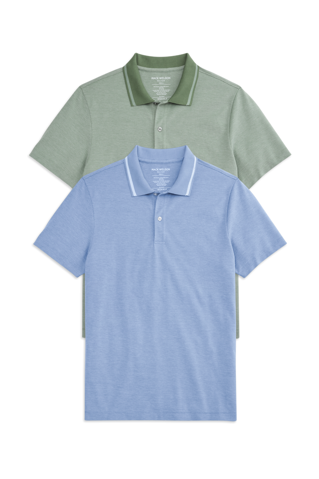 Front view of 2-Pack SILVER Pique Polo in Chambray Oxford Tipped / Wild Ivy Oxford Tipped