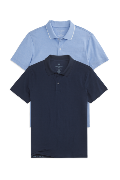 Front view of 2-Pack SILVER Pique Polo in Chambray White Oxford / True Navy