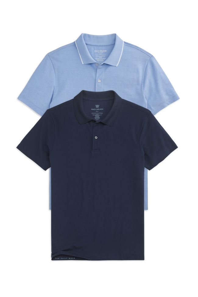 Front view of 2-Pack SILVER Pique Polo in Chambray White Oxford / True Navy