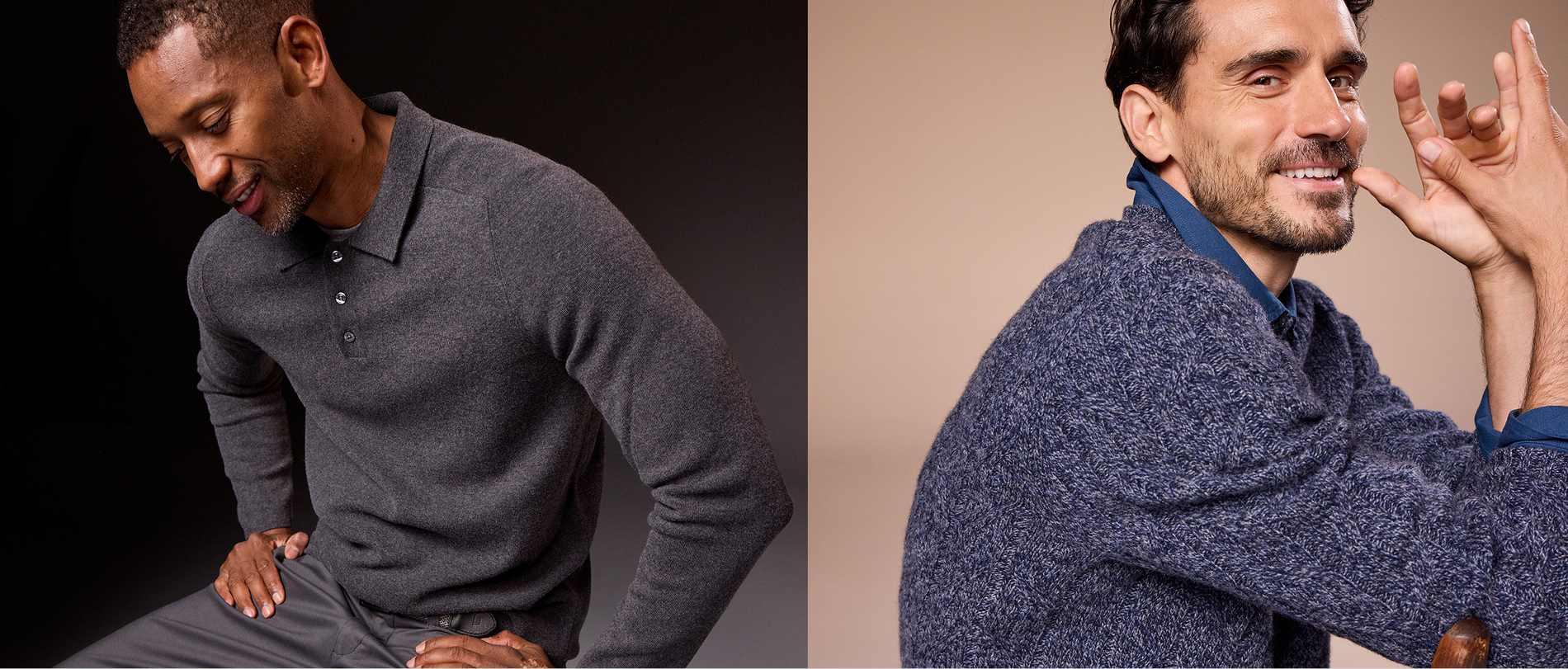 Two men wearing long-sleeve shirts, one gray and one blue, on a dark and beige background respectively.