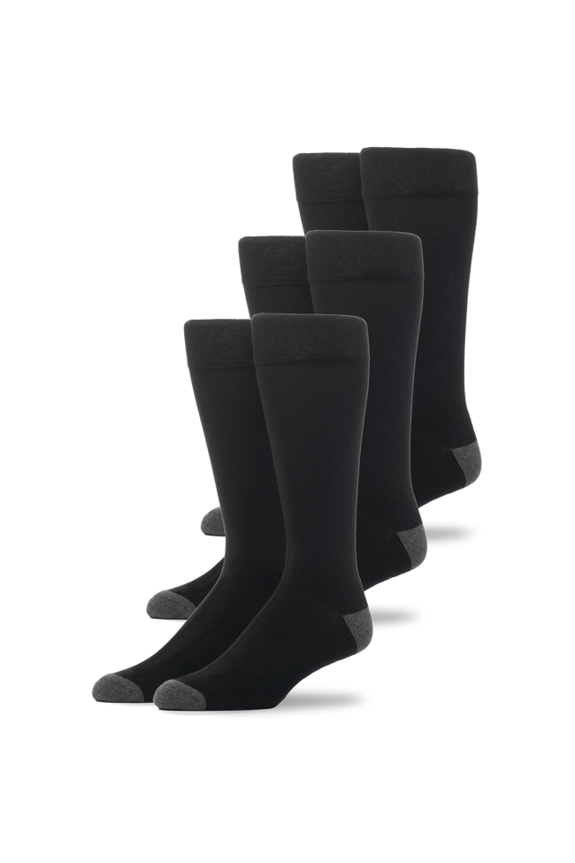 Front view of 3-Pack SILVER Extended Crew Dress Sock in True Black 