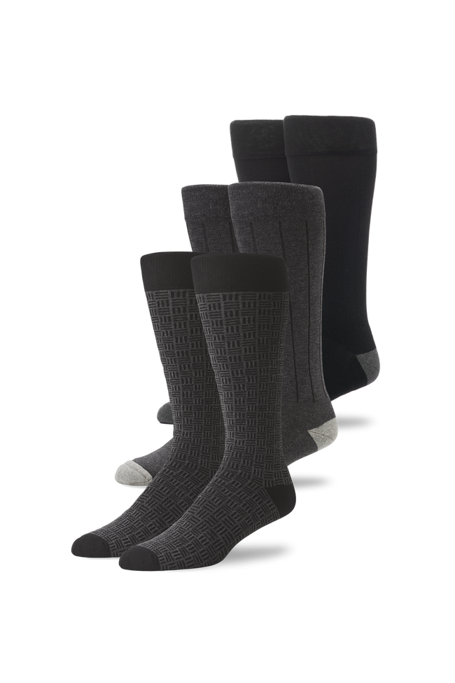 Front view of 3-Pack SILVER Extended Crew Dress Sock in Happy Hour