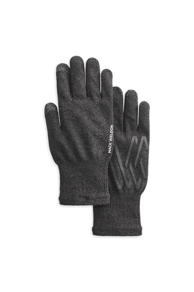 Charcoal Heather | Front view pair of swipe gloves from above showing Mack Weldon logo pattern