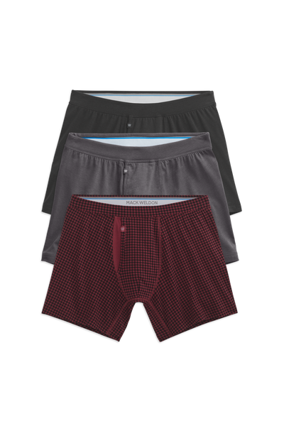 Front view of 3 pack silver boxer brief in holiday houndstooth