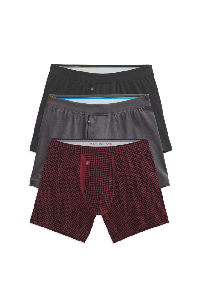 Front view of 3 pack silver boxer brief in holiday houndstooth