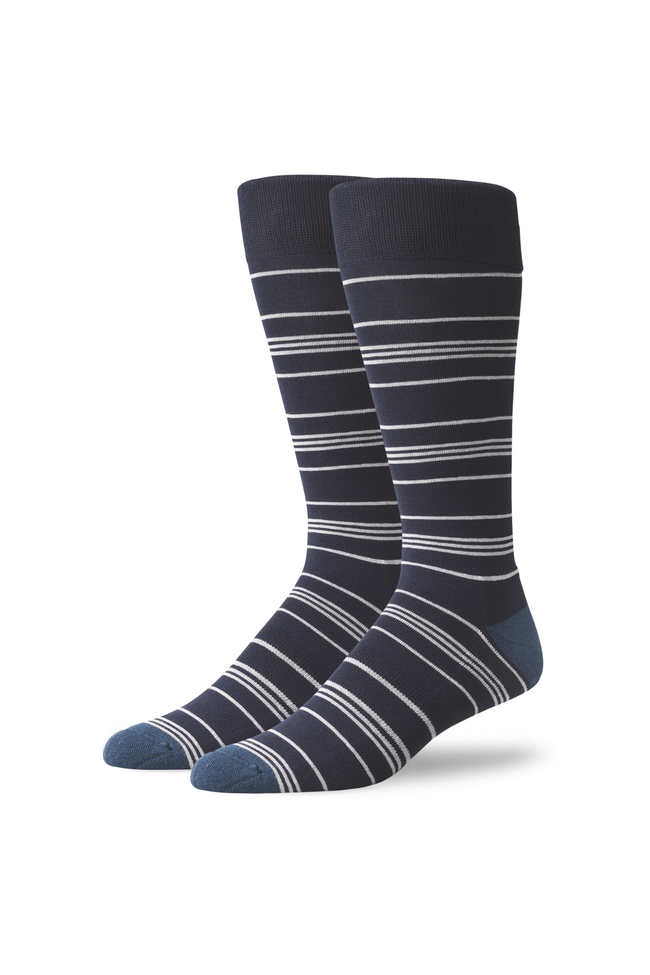 Night Sky - Nautical Stripe | Front view of Silver Extended Crew Dress Sock in Night Sky - Nautical Stripe