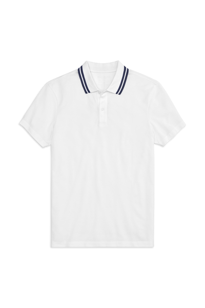 Front view of Silver Pique Polo in Bright White w/ True Navy Tipping