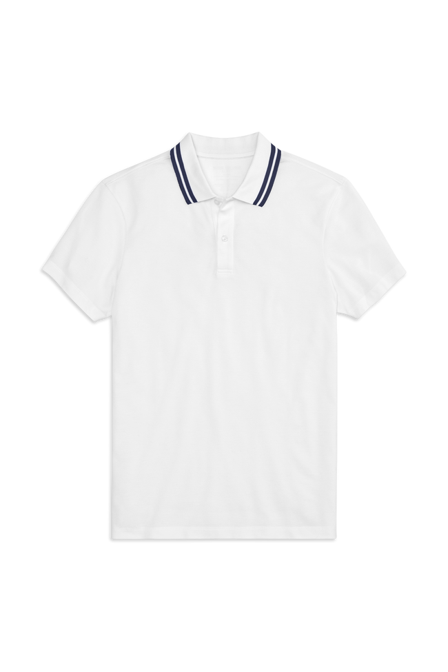 Front view of Silver Pique Polo in Bright White w/ True Navy Tipping