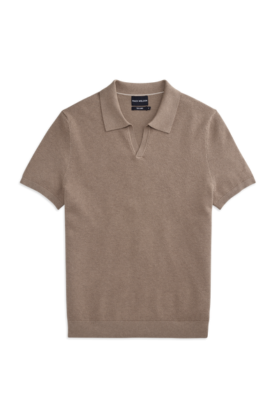 Front view of Tech Linen Johnny Collar Sweater Polo in Desert Taupe Heather