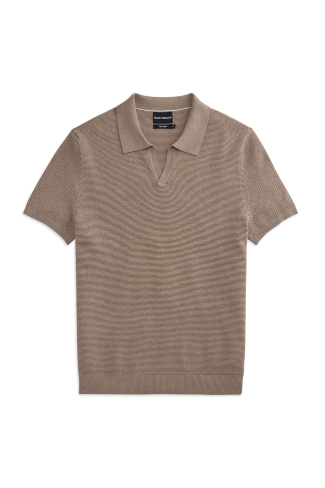 Front view of Tech Linen Johnny Collar Sweater Polo in Desert Taupe Heather