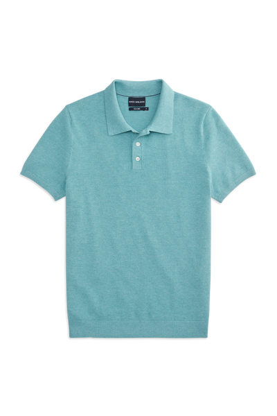Front View of the Tech Linen Sweater Polo in Shallow Water Heather