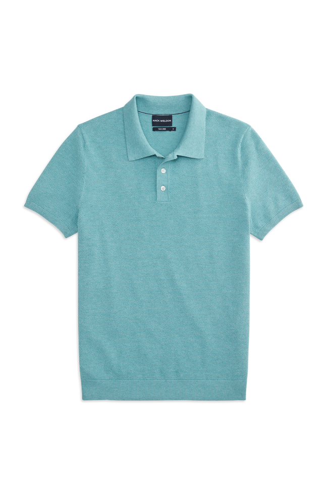 Front View of the Tech Linen Sweater Polo in Shallow Water Heather