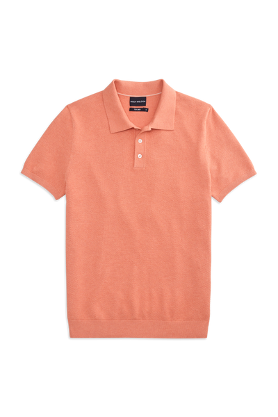 Front View of the Tech Linen Sweater Polo in Shell Coral Heather