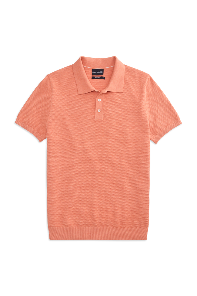 Front View of the Tech Linen Sweater Polo in Shell Coral Heather