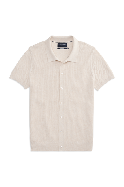 Front view of Tech Linen Button Up Sweater Polo in Latte Heather