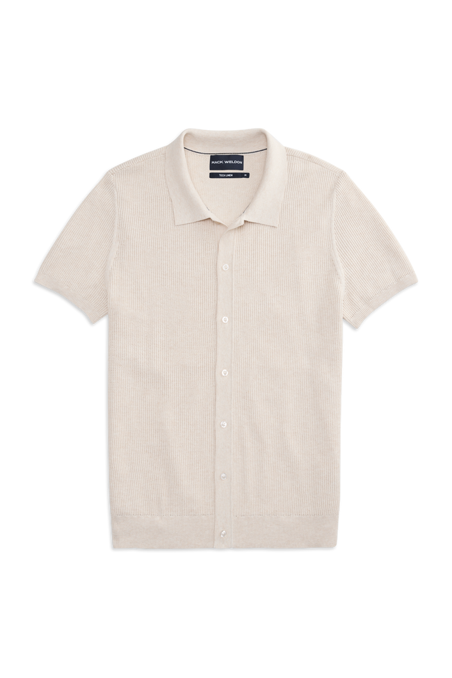 Front view of Tech Linen Button Up Sweater Polo in Latte Heather