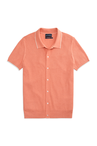 Front view of Tech Linen Button Up Sweater Polo in Shell Coral Heather