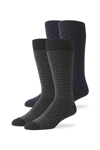 2-Pack Tech Merino Extended Crew Sock in Black Charcoal Stripe / True Navy Dot