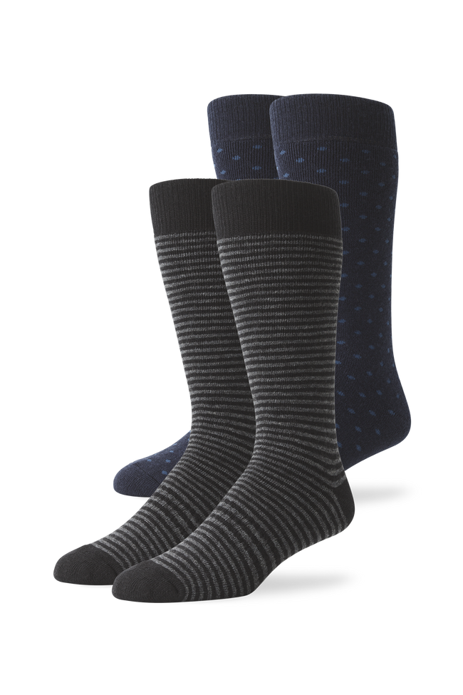 2-Pack Tech Merino Extended Crew Sock in Black Charcoal Stripe / True Navy Dot