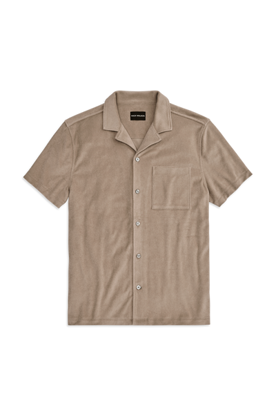 Front view of Terry Cloth Short Sleeve Button Up in Desert Taupe