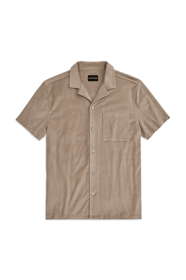 Front view of Terry Cloth Short Sleeve Button Up in Desert Taupe