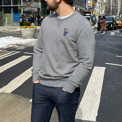 Man wearing the new Mack Weldon x Juice Press Ace Sweatshirt