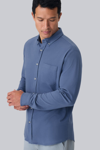 Man wearing SILVER Pique Button Up in Wild Rapids