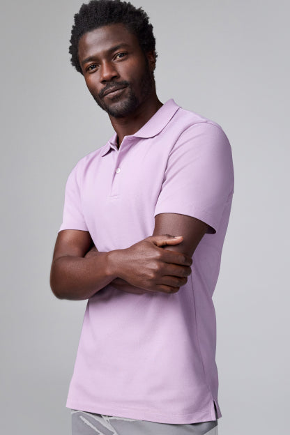Man wearing SILVER Pique Polo in Lavender Mist