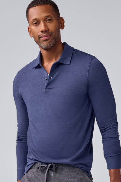 Man wearing SILVER Long Sleeve Polo in True Navy
