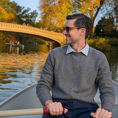Man wearing Tech Cashmere Crew Neck Sweater