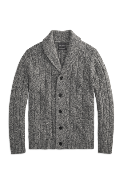 Front view of WARMKNIT wool cardigan in salt & pepper