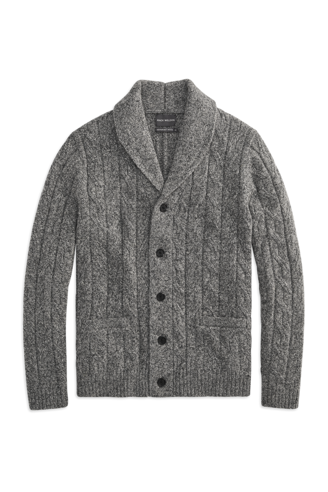 Front view of WARMKNIT wool cardigan in salt & pepper
