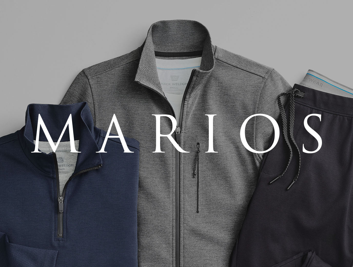 jackets and sweatpants laid out with a "MARIOS" logo across the image