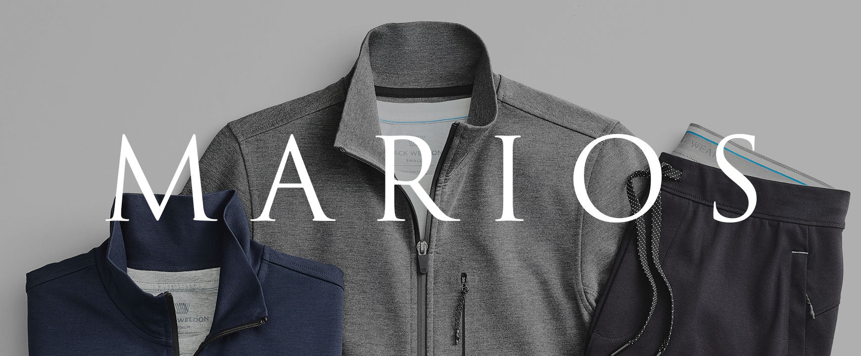 jackets and sweatpants laid out with a "MARIOS" logo across the image