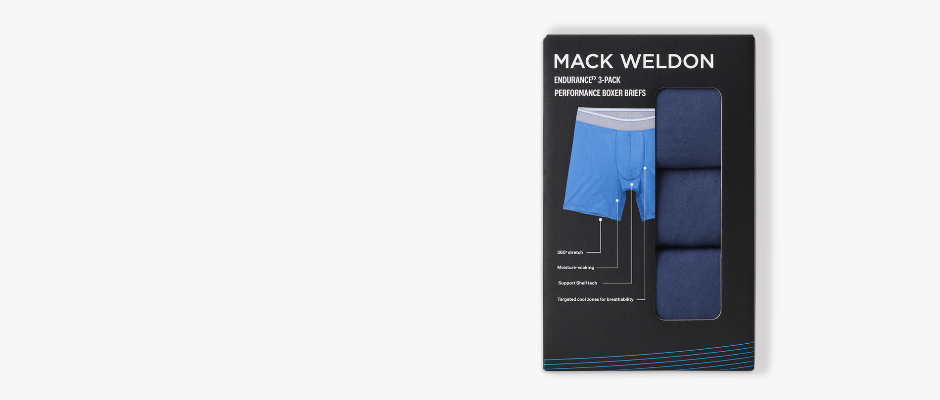 Image of "MACK WELDON Endurance FX 3-Pack Performance Boxer Briefs" packing with a grey backdrop