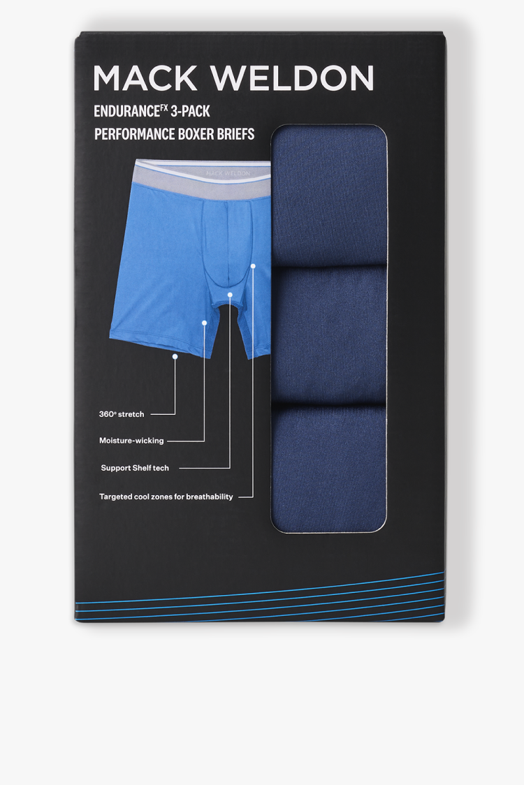 Image of "MACK WELDON Endurance FX 3-Pack Performance Boxer Briefs" packing with a grey backdrop