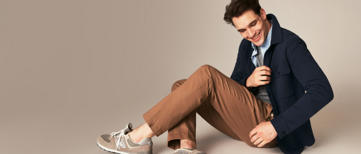 Man wearing ACE Overshirt, Broken Twill Chinos, and a Dean Oxford shirt.